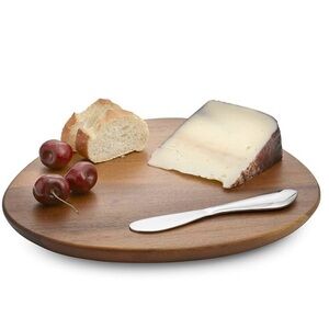 Nambe Wooden Cheese Board with Silver Spreader